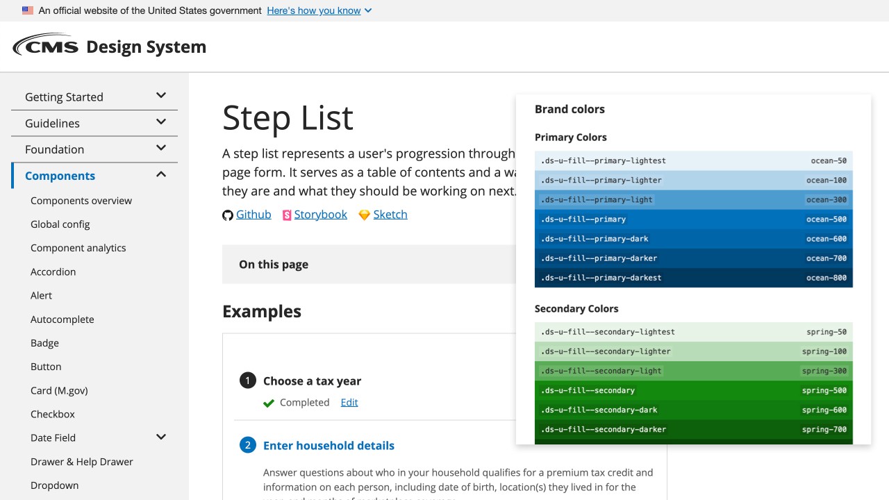 Screenshot of a Step List component documentation, overlaid with a brand colors documentation snippet.