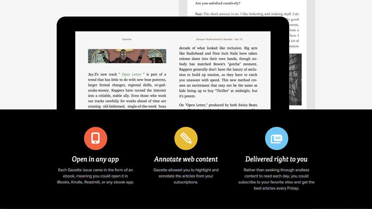 Webpage screenshot showing an iPad with a multi-column article.