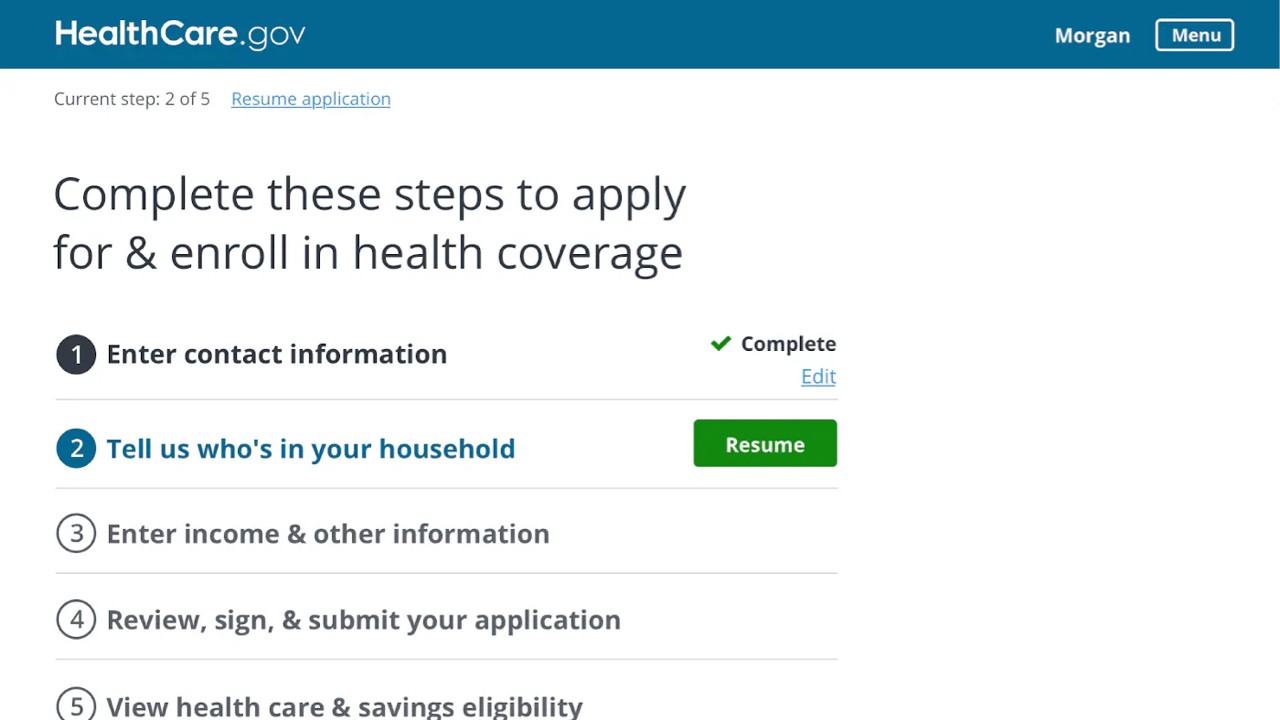 Screenshot of HealthCare.gov. Page heading shows: Complete these steps to apply for & enroll in health coverage.